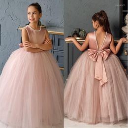 Girl Dresses Lovely Pink Pearls Beaded Flower Girls For Wedding 2023 Tulle Puffy Scoop Neck Sleeveless Princess First Communion Dress