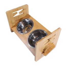 Feeding Bamboo Elevated Dog Bowls With Stand Adjustable Raised Puppy Cat Food Water Bowls Holder Rabbit Feeder For Small Medium Pet Dog