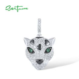 Pendant Necklaces SANTUZZA 925 Sterling Silver For Women Sparkling Green Spinel White Cubic Zirconia Cute Leopard Trendy Fine Chic Jewelry 230519