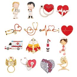 New Medical Medicine Brooch Pin Stethoscope Electrocardiogram Microscope Heart Shaped Pin Nurse Doctor Backpack Lapel Jewelry