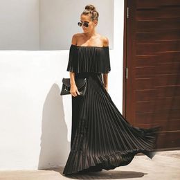 Dresses Women Chiffon Dress Fashion Solid Party Women's Sexy OneLine Neck Off Shoulder Frill Ruffle Pleated Long Skirt 2022 Summer New