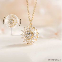 Rotatable Double Layer Zircon Crystal Sunflower Pendant Stainless Steel Necklaces For Women Fashion Sweet Sexy Neck Chain