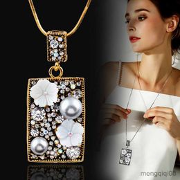 Retro White Flower Grey Simulated Pearl Square Long Necklace Pendant Women Jewellery Accessories