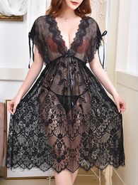 Sexy Pyjamas Sexy Nightgowns Women Nightwear Transparent Lace Sleepwear Exotic Floral Embroidery Sleeping Dress Female Temptation Nighties 230519