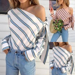 Women's Blouses Striped Shirt Women's Sexy Off Shoulder Long Sleeve Casual Top Women Sweet Lace Up Bow Blusas Mujer