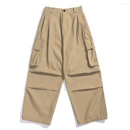 Men's Pants Amei Khaki Solid Color Multi-pocket Overalls Mens Street Fashion Loose Wide-leg Casual Straight