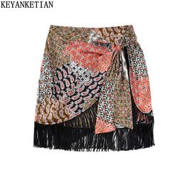 Skirts KEYANKETIAN womens fringed doublebreasted skirt summer ethnic print knotted straps holiday dress high waist miniskirt 230519
