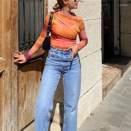 Women's Blouses Woman Casual Orange Slim Irregular Print Mesh Tops 2023 Spring Female Vintage Elastic Tie Dye Ladies Chic Pleated Top