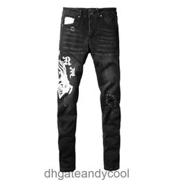 Pattern Denim Amirres Jeans Designer Pants Man Fashion High Street Embroidery Broken Hole Wash Elastic Slim Fit SLP Black Skinny Jeans Men PUSV