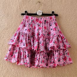 Skirts Summer Sweet Girls Pink Floral Short Skirt Women's High-Waisted Printed Chiffon Cake Skirts Vintage Flower Print Skirts Femme 230519