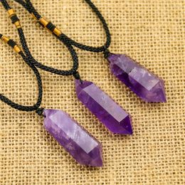 Pendant Necklaces Natural Healing Amethyst Stone Necklace Quartz Double Pointed Hexagonal Prism Ornament Yoga Energy Crystal Gift