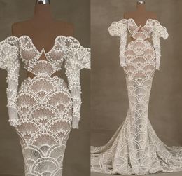 2023 Arabic Aso Ebi White Mermaid Wedding Dress Pearls Lace Luxurious Long Sleeves Bridal Gowns Dresses ZJ2023