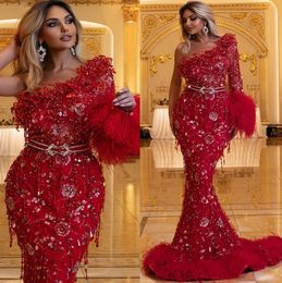 2023 May Aso Ebi Mermaid Red Prom Dress Beaded Crystals Lace Evening Formal Party Second Reception Birthday Engagement Gowns Dress Robe De Soiree ZJ276