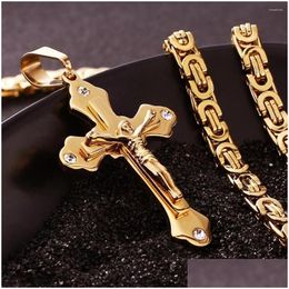 Pendant Necklaces Stylish Design Gold Cross Necklace Christ Jesus Religious Jewellery Titanium Steel Wholesale Drop Delivery Pendants Dhchj