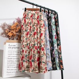 Skirts Croysier High Waist Floral Print Mid Calf Long Pleated Skirt Women Summer Vintage Elegant Chiffon Midi 230519