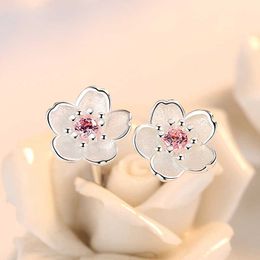 Charm Silver 925 Jewellery Sterling Silver Earrings Cherry Blossom Inlaid Pink Zircon Ear Studs Simple and Popular Earrings for Women AA230519