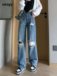 Women's Jeans Ripped Jeans Women High Waisted Blue Denim Pants Chic Wide Leg Trousers Korean Fashion Spring Streetwear Jeans 230519