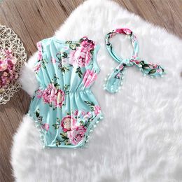 Clothing Sets Wholesale Summer Lovely Baby Girl Clothes Floral Tassel Jumpsuit Headband 2PCS Outfit Sunsuit Clothing Sets