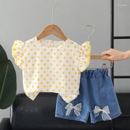 Clothing Sets Toddler Girl 2023 Summer Children's Polka Dot Ruffle Short Sleeve-shirt Denim Bowknot Cotton Shorts Baby Girls