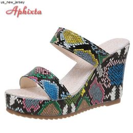 Slippers Aphixta 10cm Wedge Heels Snake Prints Platform Slippers Women Flax Non-slip Sandals Shoes Slides Big Size 42 J230519