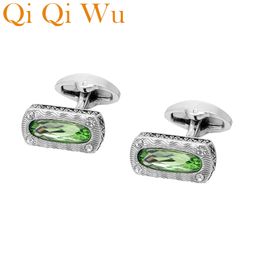 QiQiWu Retro Green Crystal Men Cufflinks Wedding Luxury Square Mens Shirt Cuff Buttons Silver Plated Cuff links Christmas Gifts