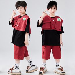 Stage Wear Ballroom Hip Hop Dance Costumes For Kids Red Vest Loose Shorts Kpop Outfits Girls Boys Jazz Performance Show Clothes DQS12849