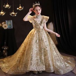 Gold Flower Dresses Jewel Appliqued Beaded Feather Girl Pageant Gown Cascading Crystal Neck Sweep Train Custom Made Sequined Birthday Gowns 403