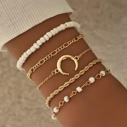 Bangle ALYXUY 5Pcs Vintage Moon White Bead Charm Gold Twist Bracelets Set Boho For Women Wrist Beads Chain Hand Jewellery