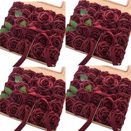 Decorative Flowers Artificial 100Pcs Real Looking Burgundy Fake Roses With Stems For DIY Wedding Bouquets Red Bridal Shower