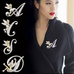 Luxury Brooch Elf Angel Alphabet A-Z Letter Lapel Pin Women Rhinestone Metal Glossy Lapel Collar Pin Scarf Clothes Decor Jewelry