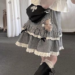 Capris HOUZHOU Kawaii Plaid Skirt Women Ruffle Lace Patchwork Bow High Waist Lolita Skirt Harajuku Egirl Streetwear Japanese Soft Girl