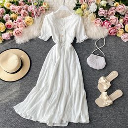 Basic Casual Dresses Women White Dress Summer Elegant Vneck Singlebreasted Short Flare Sleeve Vintage Dresses Female Korean Chic Robe Mujer 230519