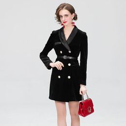 Women's Jackets 2023 Women Black Fashion Double Breasted Velvet Jacket Elegant Lapel Clothing Autumn Winter Ladies Slim Vintage Coat Belt