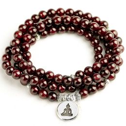 Chain Natural A Garnet 108 Beads Mala Bracelet 6MM Stone Women Men Meditation Lotus OM Charm Yoga Bracelets Drop 230518