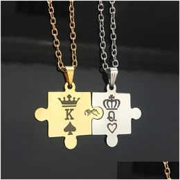 Pendant Necklaces 2Pcs Romantic K And Q Couple High Quality Splice Stainless Steel Gold Sier Colour Crown Jewellery Drop Deliver Dhgarden Dhpb9