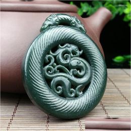 Pendant Necklaces Real Hetian Green Jade Two Side Handcarved Dragon Pendants Necklace Men Women Jewelry Drop Delivery Dh0Nz