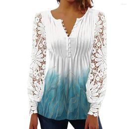 Women's Blouses Summer Blouse Shirt Women Floral Print Button Lace Long Sleeve Hollow Out See-through Spring