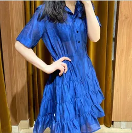 2023 -San-d-ro French Style Blue Fitted Pleated Collared Short Sleeves Dress for Women