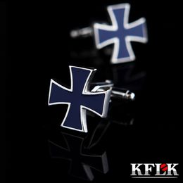 KFLK Luxury shirt cufflinks for men's gift Brand cuff buttons Iron Cross cuff links Blue High Quality abotoaduras Jewellery