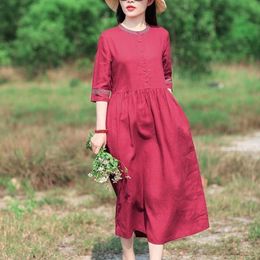 Dresses Cotton Linen Casual Long Dress New 2020 Arts Style Vintage Solid Color Women Elegant Aline Dresses P1347