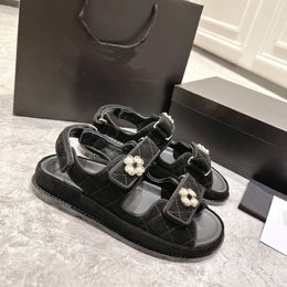 Women Calfskin Leather Sandals Designer Summer Beach Shoes Slingback Hook&Loop Platform Sandal Diamond Buckle Ankle Strap Flats Chunky Wedge Sports Shoe