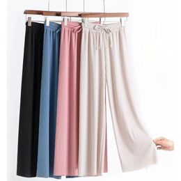 Womens Two Piece Pants Spring and Autumn Ladies Ice Silk Light Wide Leg Trousers Girl Solid Colour High Waist Loose Wild Straight Casual 230519