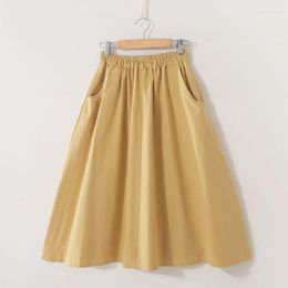 Skirts Midi Skirt Women Fashion Elastic Waist Side Pockets Ruched Sun Falda Female Casual Solid Color Empire A-Line Cotton