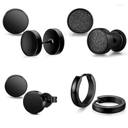 Stud Earrings 4 Pairs Mens Black Round Disc Huggie Hoop Stainless Steel Faux Gauges Ear Tunnel Piercing Hypoallergenic Jewellery