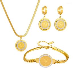 Necklace Earrings Set 316L Stainless Steel Portrait Print With Zircon Round Plate Snake Bone Chain Bracelet Eardrop