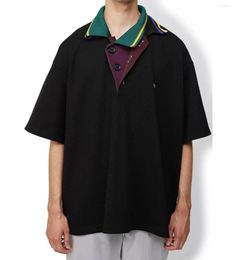 Men's Polos Japanese Style Mens Asymmetric Patchwork Colour Loose Polo Shirt Tees Lapel Embroidery Short Sleeve T-Shirts Men
