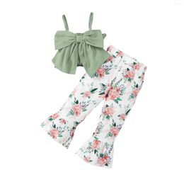 Clothing Sets Kids Girls Clothes Set Solid Colour Bowknot Camisoles Sleeveless Sling Tank Tops Floral Print Micro Flare Pants 2Pcs 1-4T