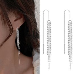 Charm Fashion Silver Color Long Tassel Thread Chain Round Ball Beads Pendants Drop Earrings Women's Straight Hanging Earings Jewelry AA230518