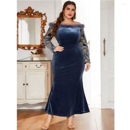 Ethnic Clothing Elegant Feather Velvet Ladies Dress Long Sleeve Embroidery Off Shoulder Muslim Women Bodycon Evening Party Chic