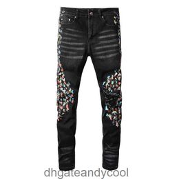 Man street Designer Pants Denim FOG Chaopai high Amirres old Jeans black washed hole contrast paint point slim elastic leg jeans man I6IQ